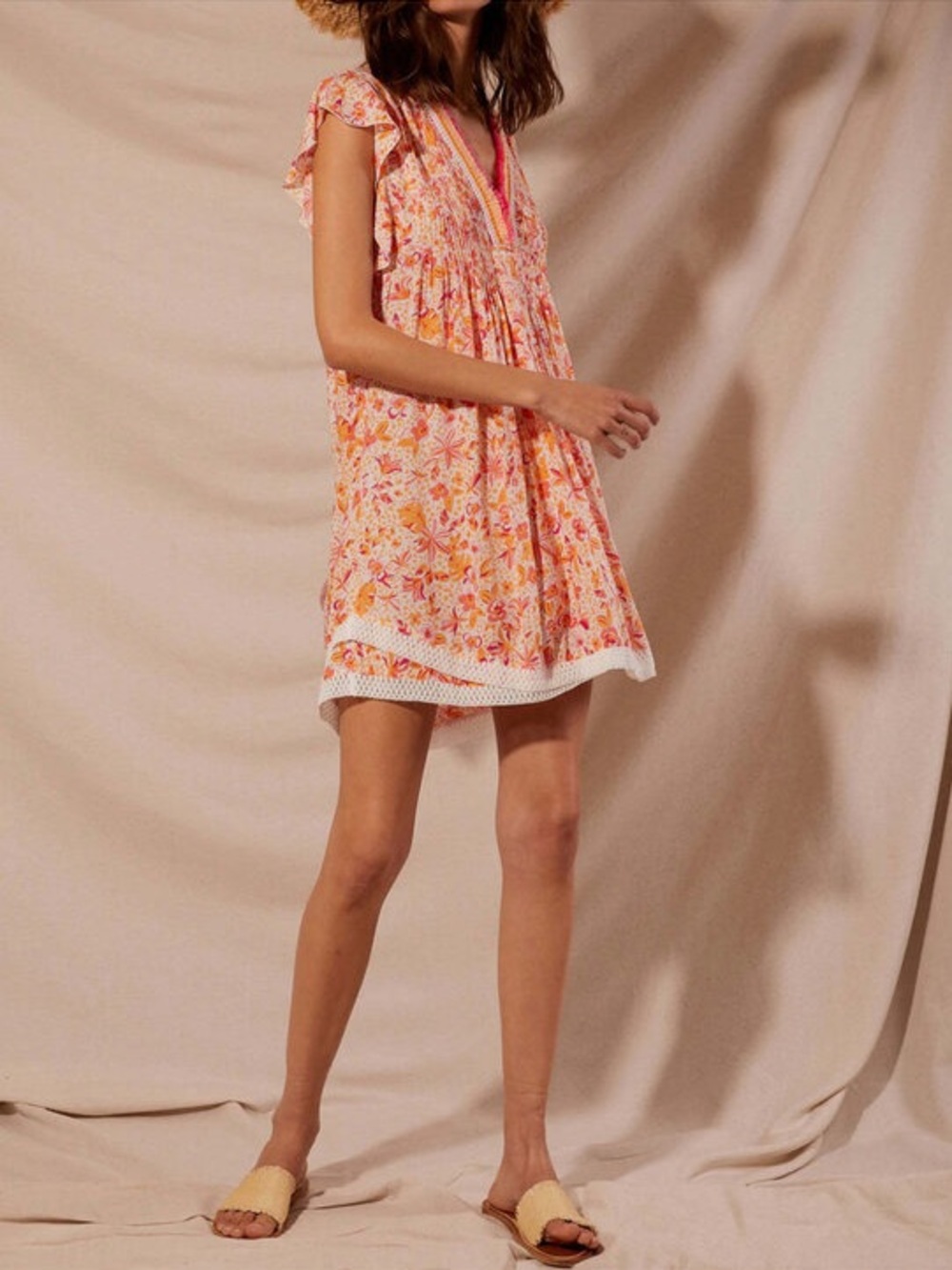 Poupette St Barth Sasha Floral V-Neck Fringe Mini Dress in Pink Monaco Sz S